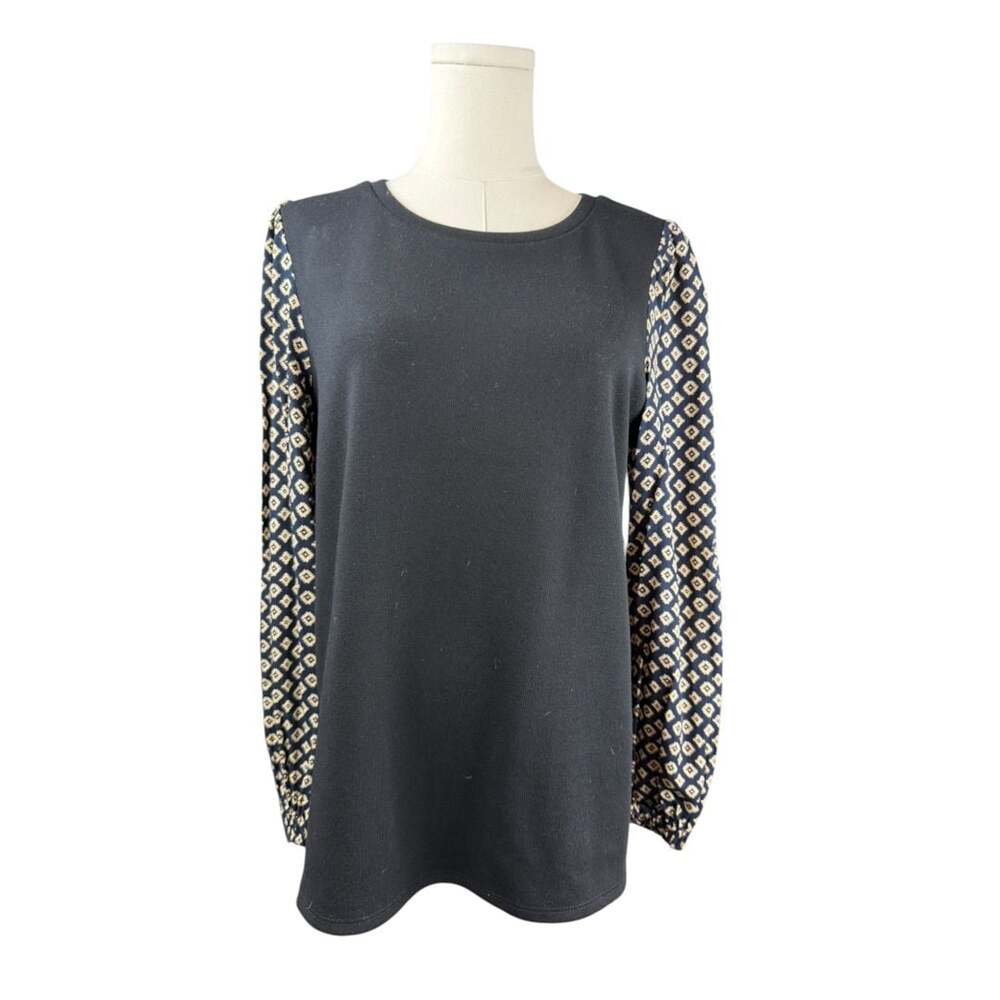 THML Women's Black Long Sleeve Knit Top with Geometric Print Sleeves Size L